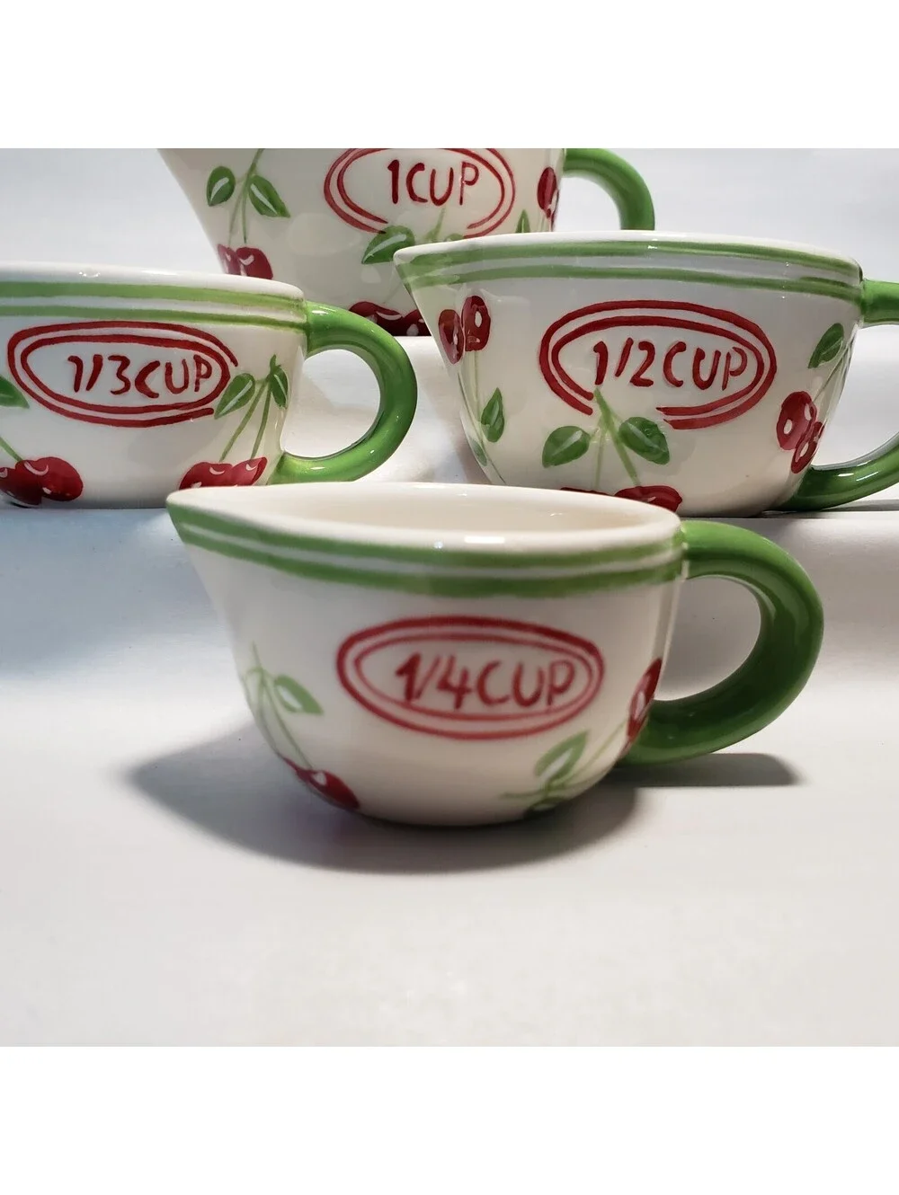 Pier 1 Imports Measuring Cup Set Cherries Ceramic 4 piece Kitchen Green Red